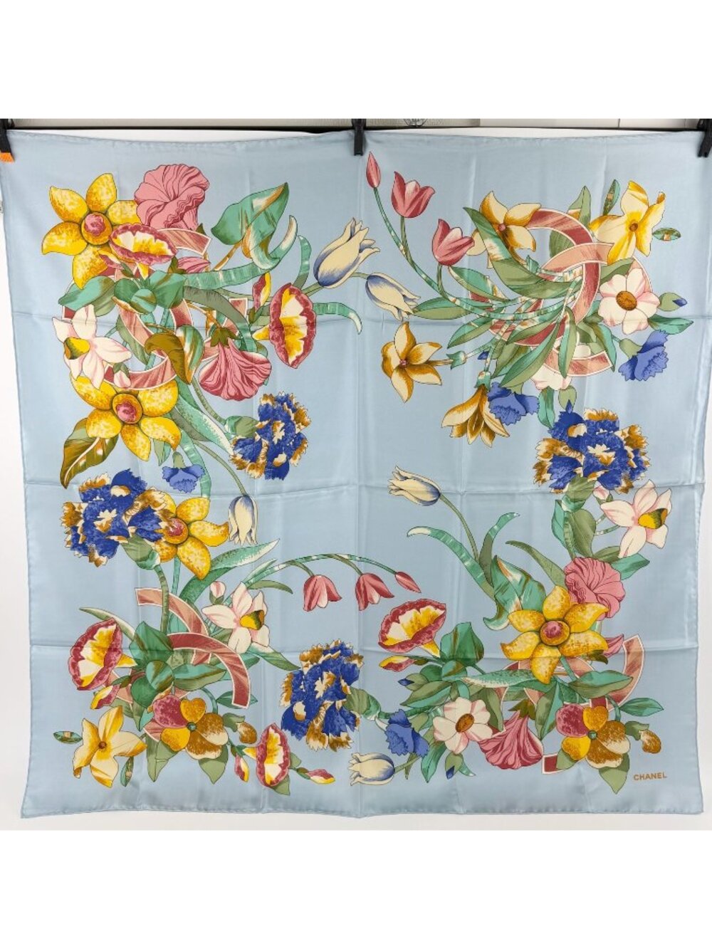 Chanel Flower Botanical Pattern Scarf Silk Light Blue Multicolor Vintage